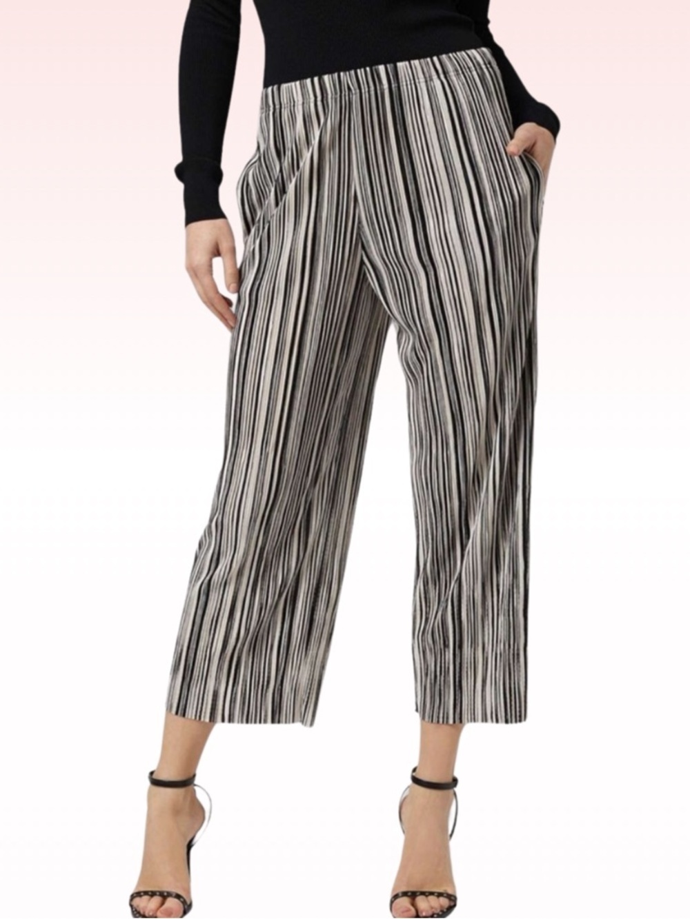 TOPSHOP Black & White Striped Pleated Ankle Pants (Sz 2)